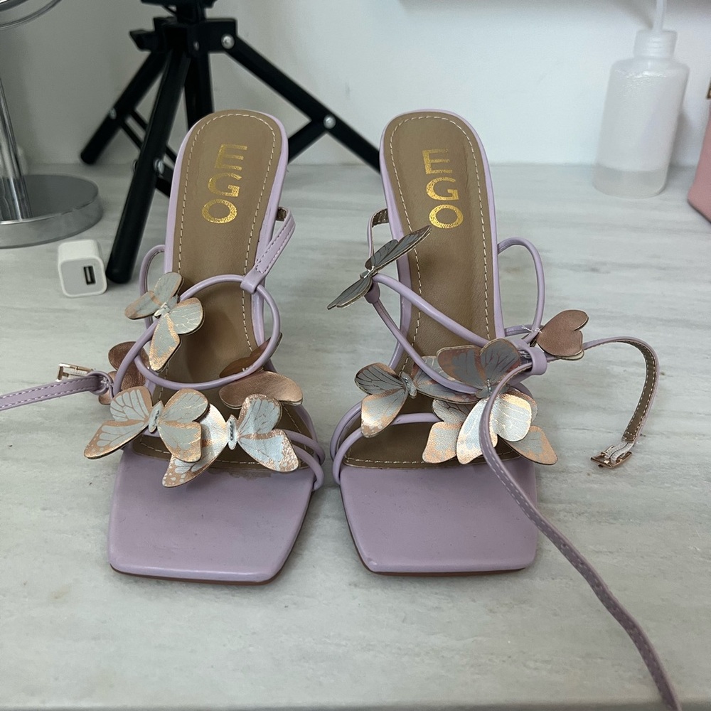 Purple butterfly heels clear heel